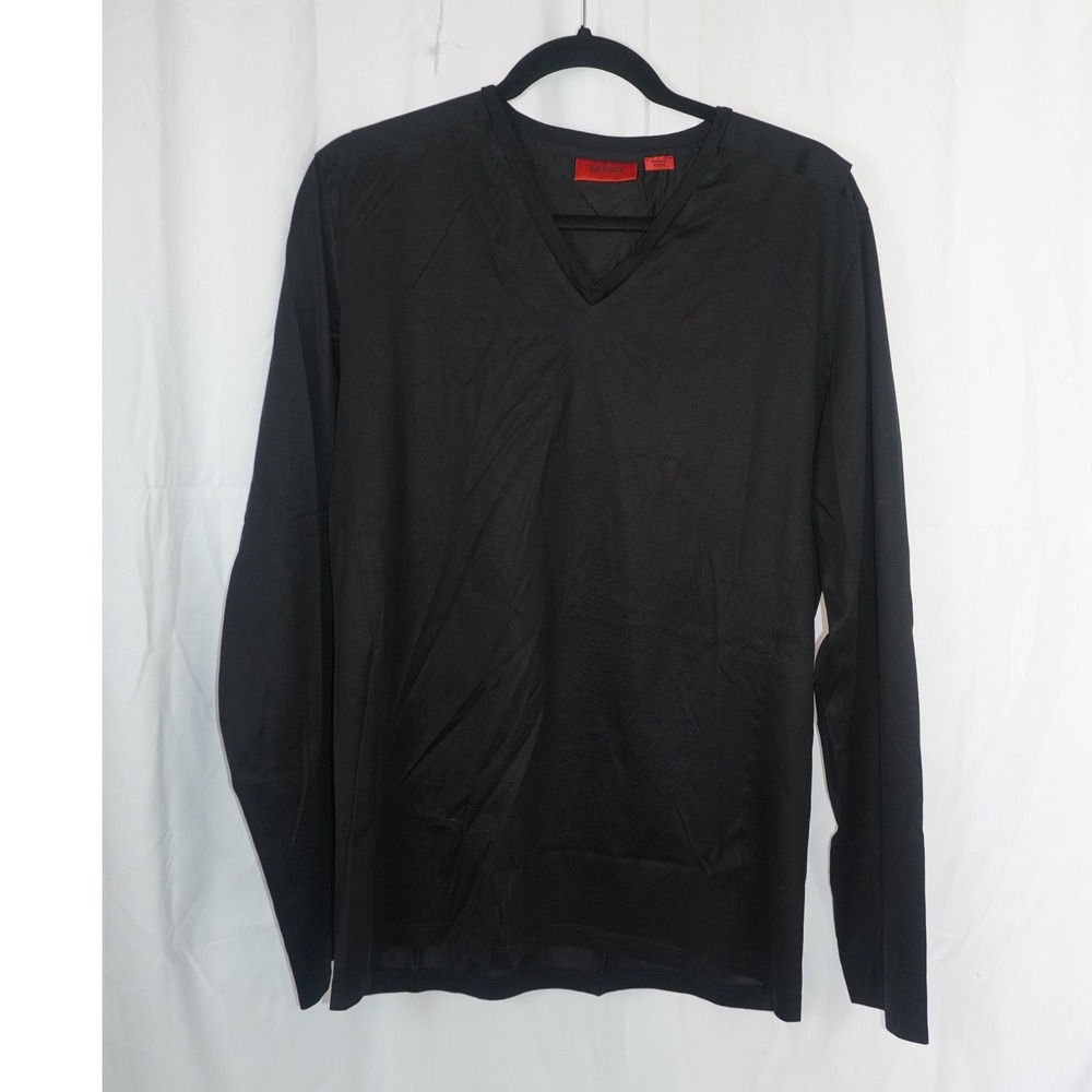 Hugo Boss Mens Black Long Sleeve V-Neck Satin Dress Stretch Shirt XL Pullover